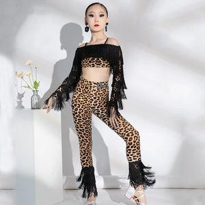 Kids Girls Black Fringe Latin Dance Crop Top and Pants, Leopard Print Fringe Latin Dance Crop Top and Pants
