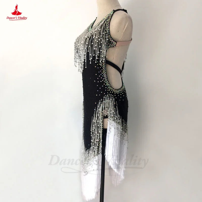 Women's Black & White Halterneck Beaded Fringe Latin Dance Dress