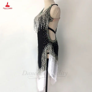 Women's Black & White Halterneck Beaded Fringe Latin Dance Dress