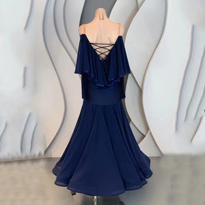 Ballroom Dance Dress Women Navy Blue Chiffon Off-Shoulder Lace-Up Back Long Sleeve Full Skirt