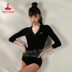 Women's Pink Ribbed Long Sleeve V-Neck Bodysuit with Thumbholes, Latin Ballroom Dance