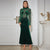 Semi-high-necked Fashion Mesh Long Sleeve Casual Green Diamond Chain Tight Long Dress