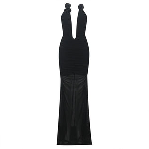 Elegant Black V-neck Gown with Slim Fit and Floral Accent