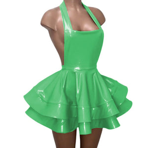 Halter Backless Sheath Pleated PVC Leather Mini Dress Multicolor Flare Skirt Party Clubwear