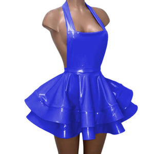 Halter Backless Sheath Pleated PVC Leather Mini Dress Multicolor Flare Skirt Party Clubwear