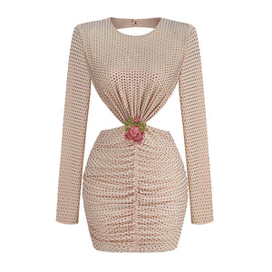 Elegant Long Sleeve Backless Rhinestone Mini Dress with Floral Accent