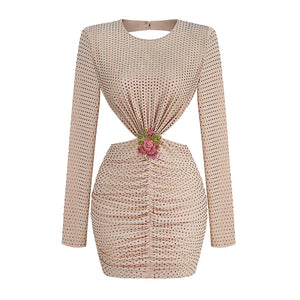 Elegant Long Sleeve Backless Rhinestone Mini Dress with Floral Accent