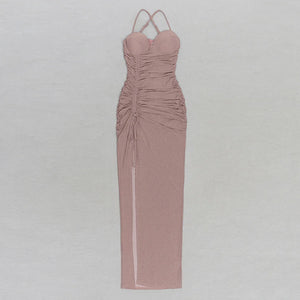 Elegant Satin Backless V-Neck Dress with Pleated Detail and Thigh-High Slit