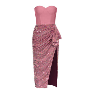 Strapless Bandage Top with Sequin Pleated Skirt Split Bodycon Party Dress