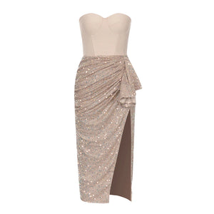 Strapless Bandage Top with Sequin Pleated Skirt Split Bodycon Party Dress