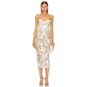 Strapless Floral Embroidered Sheath Dress with Beading and Side Slit