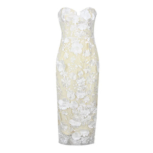 Strapless Floral Embroidered Sheath Dress with Beading and Side Slit