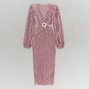 V-Neck Pleated Long Sleeve Dress with Crisscross Mesh and Front Buckle Detail