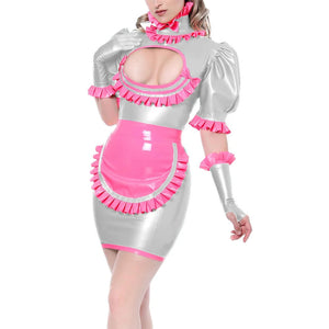 Maid Cosplay Mini Dress High Neck Ruffles Hollow Out Chest with Apron Multi-Color Fetish Lingerie Uniform 7XL