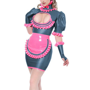 Maid Cosplay Mini Dress High Neck Ruffles Hollow Out Chest with Apron Multi-Color Fetish Lingerie Uniform 7XL