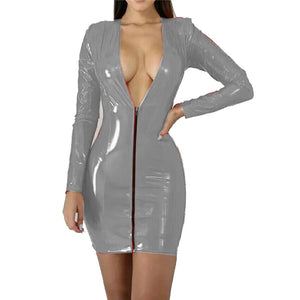 Women's Deep V Neck PVC Leather Mini Dress Long Sleeve Zipper Bodycon Short Dress Available in Multi Colors High Street Style Faux Leather