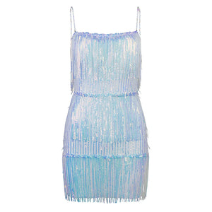 Spaghetti Strap Sequin Fringe Dress with Beaded Diamond Details and Tassel Hem Mini Clubwear