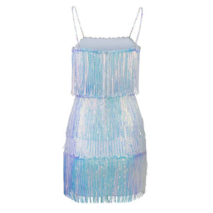 Spaghetti Strap Sequin Fringe Dress with Beaded Diamond Details and Tassel Hem Mini Clubwear