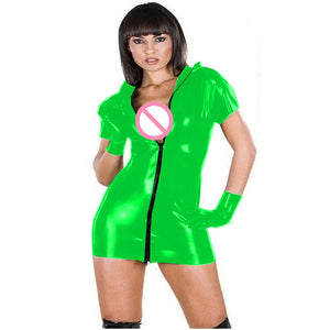 Glossy PVC Pencil Dress Multi-Color Front Zip-Up Short Sleeve with Gloves Stand Neck Clubwear Party Night Costume