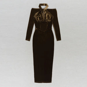 Elegant Velvet Long Dress with Halter Neck and Knot Detail, Slim Fit Off-the-Shoulder with Long Sleeves