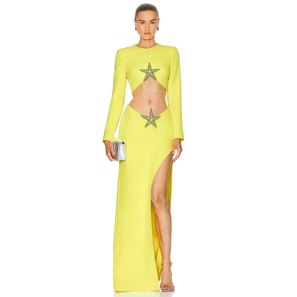 Long-Sleeve Yellow Dress with Star Beaded Cutouts and Thigh-High Slit Two-Piece Set