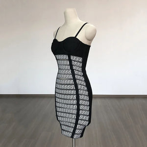 Geometric Pattern Jacquard Spaghetti Strap Bandage Dress for Clubwear and Parties
