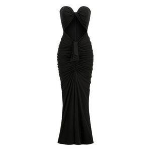 Strapless Black Fishtail Maxi Dress with Knot Detail and Irregular Hem for Evening Party