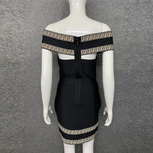 Women's Off-Shoulder V-Neck Bandage Dress with Criss Cross Logo Design in Black