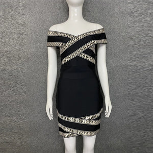 Women's Off-Shoulder V-Neck Bandage Dress with Criss Cross Logo Design in Black