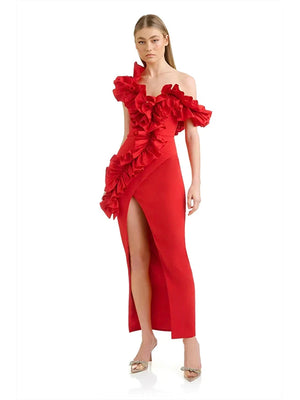 One Shoulder Red Ruffle Maxi Dress Women's Bodycon Split Evening Party Dress