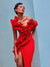 One Shoulder Red Ruffle Maxi Dress Women's Bodycon Split Evening Party Dress