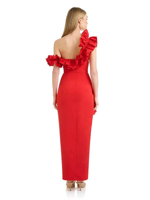 One Shoulder Red Ruffle Maxi Dress Women's Bodycon Split Evening Party Dress