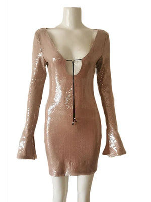 Champagne Sequin Long Sleeve V-Neck Bodycon Mini Dress with Drawstring Closure for Evening and Club Wear