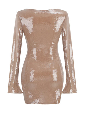 Champagne Sequin Long Sleeve V-Neck Bodycon Mini Dress with Drawstring Closure for Evening and Club Wear