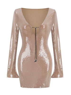 Champagne Sequin Long Sleeve V-Neck Bodycon Mini Dress with Drawstring Closure for Evening and Club Wear