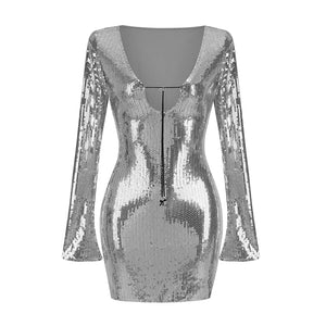 Champagne Sequin Long Sleeve V-Neck Bodycon Mini Dress with Drawstring Closure for Evening and Club Wear