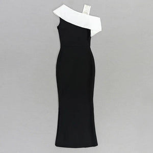 Elegant Black and White Asymmetric One-Shoulder Midi Dress