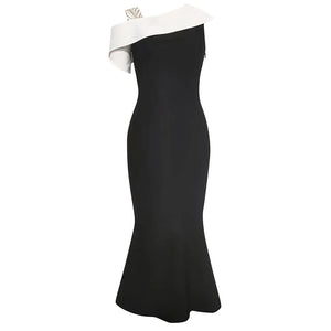 Elegant Black and White Asymmetric One-Shoulder Midi Dress