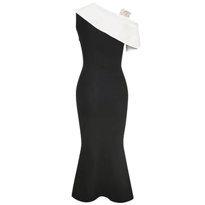 Elegant Black and White Asymmetric One-Shoulder Midi Dress