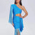 Elegant Blue One-Shoulder Bandage Dress with Pleated Tassel Fringe and Cut-Out Waist Detail