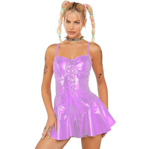 Shiny Holographic Laser Women Bustier Lace-up Camis Pleated A-line Mini Dress Party Clubwear Multi-Color S-7XL