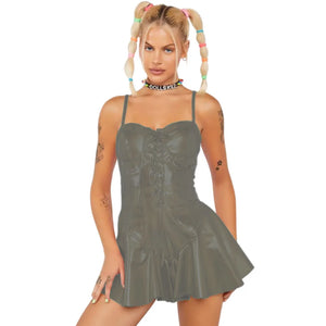 Shiny Holographic Laser Women Bustier Lace-up Camis Pleated A-line Mini Dress Party Clubwear Multi-Color S-7XL