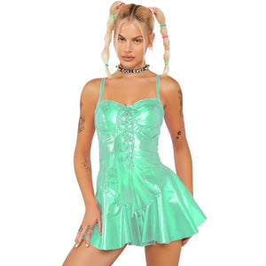 Shiny Holographic Laser Women Bustier Lace-up Camis Pleated A-line Mini Dress Party Clubwear Multi-Color S-7XL