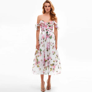 Floral Off-Shoulder Midi Dress with Shoulder Ties and Swing Skirt