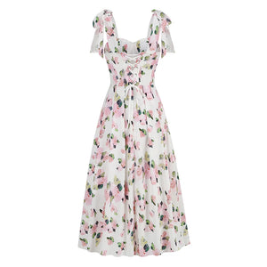 Floral Off-Shoulder Midi Dress with Shoulder Ties and Swing Skirt