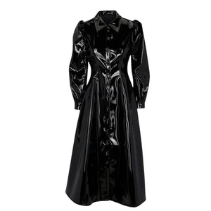 A-line Long Sleeve Button-Up Faux Leather Wet Look PVC Dress Turn-Down Collar Puff Sleeve Office Street Dress Multi-Color