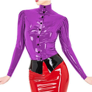 Elegant Wetlook PVC Leather Blouse Puff Full Sleeve Shirts with Button Snaps Skinny Ladies Tops S-7XL Multi-Color