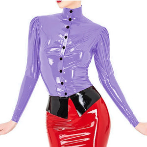 Elegant Wetlook PVC Leather Blouse Puff Full Sleeve Shirts with Button Snaps Skinny Ladies Tops S-7XL Multi-Color