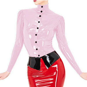 Elegant Wetlook PVC Leather Blouse Puff Full Sleeve Shirts with Button Snaps Skinny Ladies Tops S-7XL Multi-Color