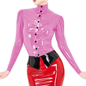 Elegant Wetlook PVC Leather Blouse Puff Full Sleeve Shirts with Button Snaps Skinny Ladies Tops S-7XL Multi-Color